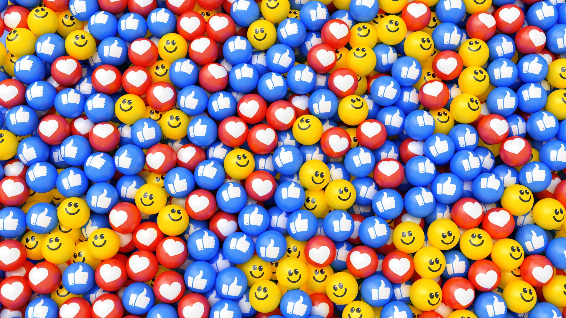 Fondo del icono de redes sociales. Bolas multicolores con cara de sonrisa, corazón y símbolos de pulgar hacia arriba.